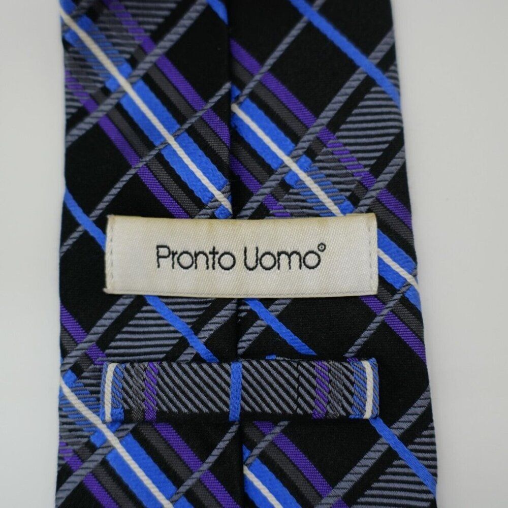 Pronto Uomo Black Purple Blue Plaid Silk Tie Long - Picture 3 of 7